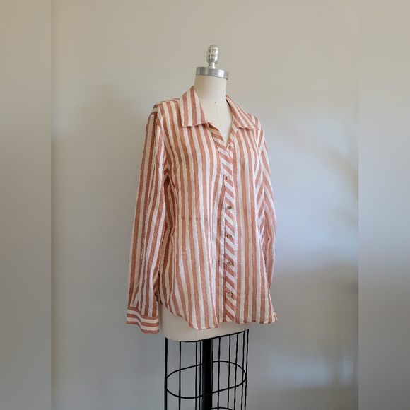 BNWT ZARA cream and copper coloured striped organza button up dress shirt - Picture 2 of 7